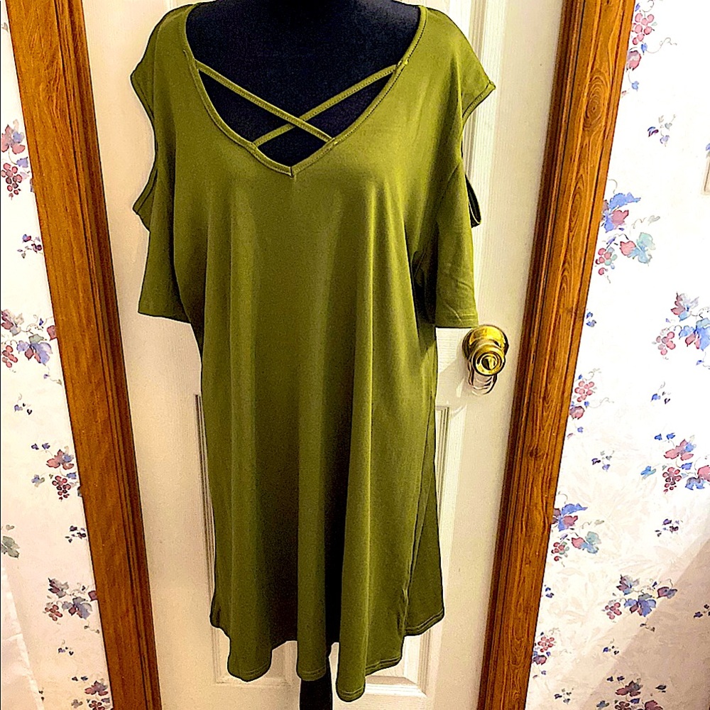 NWOT - Temu Olive Green Cold Shoulder Crisscross V-neck 3XL Knee Length Dress